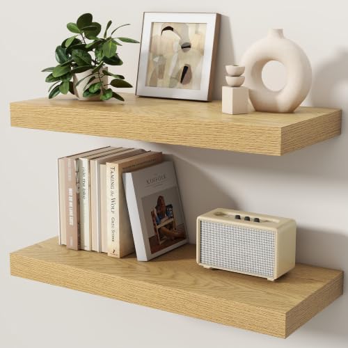 Floating Shelves for Wall, 24 Inch x 8 Inch Deep Wall Mounted Wood Shelf with Invisible Brackets for Storage & Display, Living Room Bedroom Kitchen, Oak, Set of 2 - color: Oak, size: 24 Inch, Set of 2
