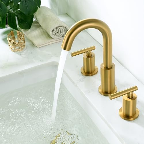Brushed Brass Bathroom Faucet 3 Hole with Pop Up Drain with Over Flow and Supply Hose, Stainless Steel 8 in Widespread Gold Bathroom Sink Faucet, ChiLDano 2 Handle Gold Bathroom Faucet CH2183BBG - color: Brushed Brass