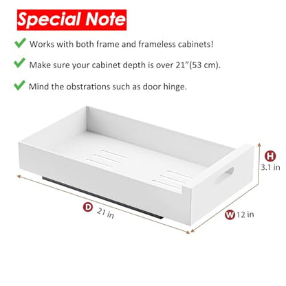 HBL' 1 Pack | 21" Deep Pull Out Cabinet Organizer Adhesive, 12-Inch Wide Sturdy Carbon Steel Roll-Out Drawers, Designed for Frameless Cabinets, Slide-Out Shelves for Pantry. - size: 21"D x 12.0"W x 3.1"H