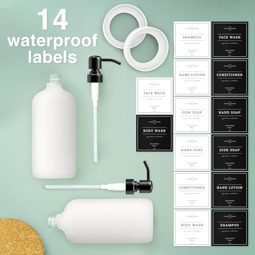 Vine Creations White Glass Soap Dispenser, 2 Pack Kitchen Soap Dispenser Set with Stainless Steel Pump, 16 oz Dish Soap and Hand Soap Dispensers for Bathroom with Waterproof Labels - color: Matte White Bottle / Matte Black Pump