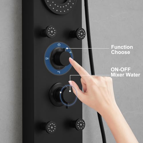 RUMOSE Dark Black Shower Panel Tower System, 5-Mode Shower Faucet Set | LED Light Rainfall Shower Head Digital Display with Massage Jets Tub Spout Shower Shelves, Stainless Steel, Wall Mount - color: Dark Black