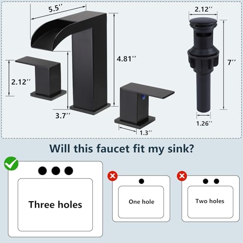 VCCUCINE Black Bathroom Faucet 3 Hole, 8 Inch Widespread Square Waterfall Bathroom Sink Faucet,Matte Black Vanity Bathroom Faucets for Vanity, Restroom, Commercial with Pop Up Drain and Supply Lines