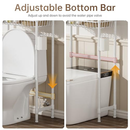 Golpart 3-Tier Over-The-Toilet Storage Shelf,Heavy-Duty Adjustable Bathroom Rack with 2 Mesh Baskets,Toilet Paper Holder & Hooks,Space-Saving Organizer for Bathroom,10”D x 24”W x 66”H,White