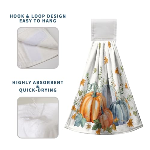 Fall Orange Blue Pumpkin Kitchen Hanging Towels Set of 2 Autumn Eucalyptus Maple Leaves Hand Towels with Hanging Loop Thanksgiving Dish Washcloth Soft Absorbent Bath Tie Towel - color: Orange Blue Pumpkin