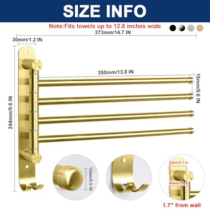 NearMoon Swivel Towel Rack, 13.8" Thicken 304 Stainless Steel 4-Arm Towel Bar, Space Saving Wall Mounted Towel Holder with Hook, Rustproof Swing Out Towel Hanger for Bathroom, Kitchen (Brushed Gold) - color: Brushed Gold, size: 13.8 Inch
