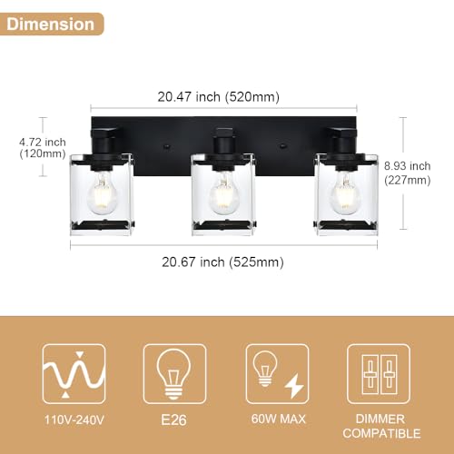 3-Light Black Bathroom Light Fixture Over Mirror, Vanity Wall Lighting with Rectangular Clear Glass, E26 Bulb Base - color: Black, Clear Glass, size: 3-Lights