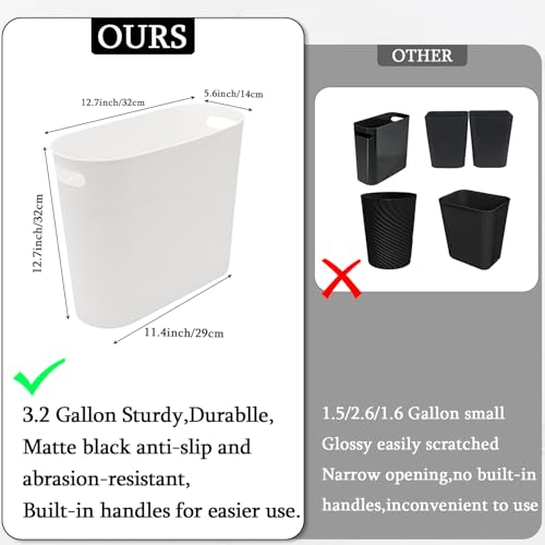 3 Pack Narrow Office Trash Can 3.2 Gallon Slim Waste Basket, Plastic Bathroom Wastebasket Slim Garbage Can Container Bin with Handle for Narrow Spaces Bathroom Bedroom Kitchen Office at Home, White - color: White