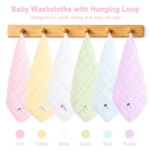 6 Pack Muslin Baby Washcloths 100% Cotton Ultra Soft Absorbent 6 Layer Lightweight Wash Cloths for 10" x 10" Face Bath Burp Cloth Newborn