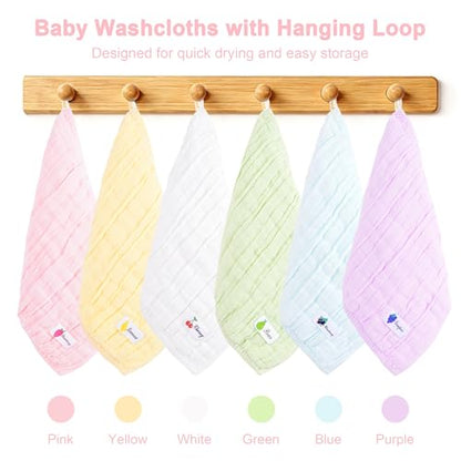 6 Pack Muslin Baby Washcloths 100% Cotton Ultra Soft Absorbent 6 Layer Lightweight Wash Cloths for 10" x 10" Face Bath Burp Cloth Newborn