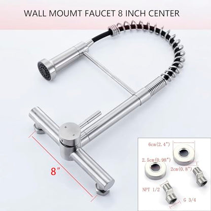 Wall Mount Kitchen Faucet with Pull Out Sprayer, 8 Inch Center Commercial Kitchen Sink Faucet, Spot-Free Stainless Steel, Easy Controlled Cold and Hot Water - color: Style F, Stainless Steel
