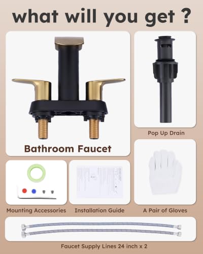 WOWOW Waterfall Centerset Black Gold 4 inch Vanity Bathroom Faucet 3 Hole - color: Black and Gold