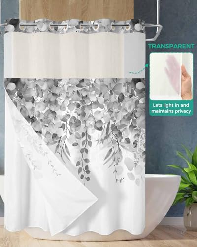 No Hook Shower Curtain and Snap in Liner Set, Gray Eucalyptus Fabric Bathroom Stall Shower Curtains 48x72, See Through Mesh Top Window, Spring Summer Botanical Floral Leaves Country Hotel Style - color: Grey, size: 48"W x 72"L (Pack of 1)