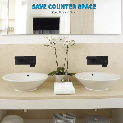 Bathroom Faucets Wall Mount Waterfall Faucet Single Handle Vessel Sink Faucet with Brass Rough-in Valve Storage Countertop Holder for Lavatory Vanity Washroom Basin Wall Tap Matte Black