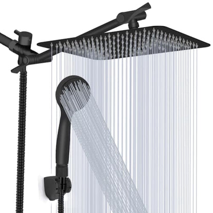 Shower Head, Kaqinu 8'' High Pressure Rainfall Shower Head/Handheld Showerhead Combo with 11” Extension Arm, Anti-leak Shower Head with Holder/Hose, Flow Regulator - Matt Black - color: Matt Black, size: 8 Inch
