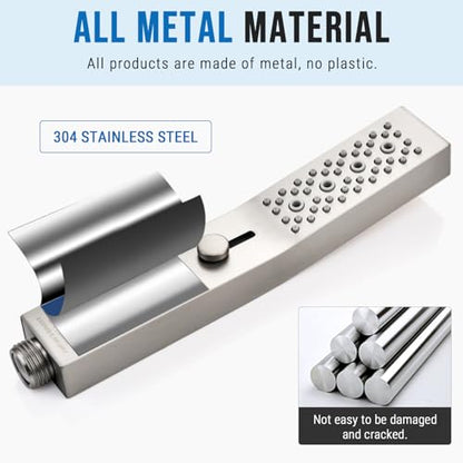 G-Promise All Metal Square 3 Function Handheld Shower Head(Brushed Nickel) | All Metal Construction, 3 Function Modes with Massage, Modern Look, Push Switch, Easy Installation - color: Brushed Nickel, style: Square