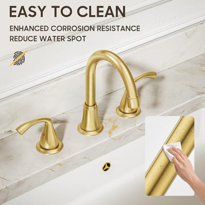 Phiestina 8 Inch 3 Hole 2 Handle Widespread Brushed Gold Bathroom Sink Faucet 2 Pack, Modern Bathroom Faucet with Metal Pop up Drain and Water Supply Lines,WFJC180-BG-2PACK - color: Brushed Gold-8 IN, style: 2 pack