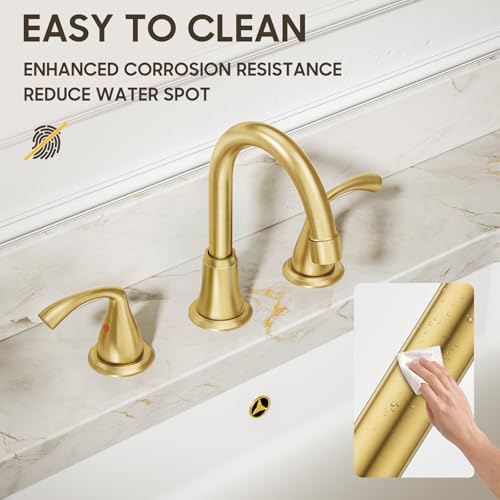 Phiestina 8 Inch 3 Hole 2 Handle Widespread Brushed Gold Bathroom Sink Faucet, Modern Bathroom Faucet with Metal Pop up Drain and Water Supply Lines, WFJC180-BG - color: Brushed Gold-8 IN, style: 1 pack