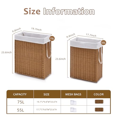 Slim Wicker Laundry Hamper, 55L Handwoven Rattan Basket with Handles, Narrow Laundry Basket with Removable Liner Bag & 2 Mesh Bags - color: Brown, size: 55L