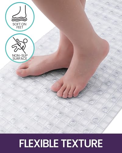 DEXI Bathtub Mat Non Slip, 39x16 Bath Tub Shower Floor Bathroom Mats Clear | Extra Long Suction Cups, Drain Holes, Machine Washable for Tub Shower Floor Bathmat - color: Clear