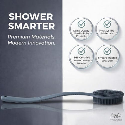 Avilana Silicone Body Scrubber for Shower – SGS Certified Food Grade Dual Sided Bath Brush, Gentle Exfoliating Silicone Loofah Alternative, Sensitive Skin Body Brush (Dark Gray, Long Handle) - color: Dark Gray, size: Long Handle