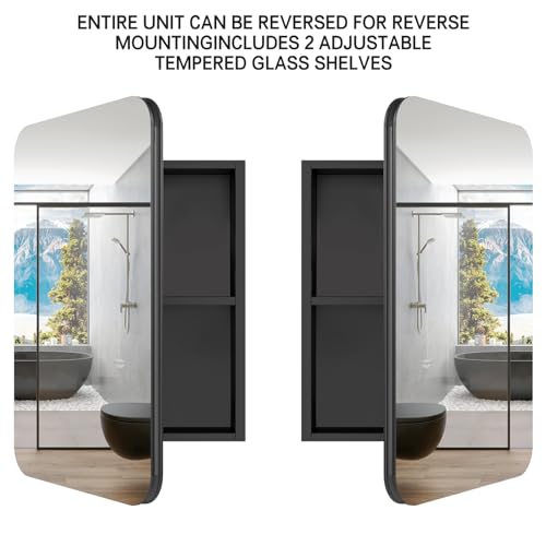 24x16 Inch Bathroom Medicine Cabinet Black, Wall Mounted Bathroom Medicine Cabinets or Recessed Mirror Cabinet Rounded Rectangle Medicine Cabinets - color: Black Aluminium（24‘’x16‘’）