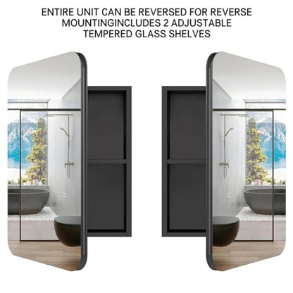 24x16 Inch Bathroom Medicine Cabinet Black, Wall Mounted Bathroom Medicine Cabinets or Recessed Mirror Cabinet Rounded Rectangle Medicine Cabinets - color: Black Aluminium（24‘’x16‘’）