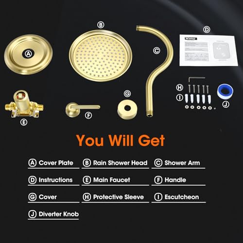 Rainfall Shower System Shower Faucet Set, Luxury, Antique, Light Gold | 9 Inch Single Function Shower Head, Pressure Balance Valve, Wall Mounted, Bathroom, Shower Trim Kit - color: Brushed Light Gold, style: Without Handheld