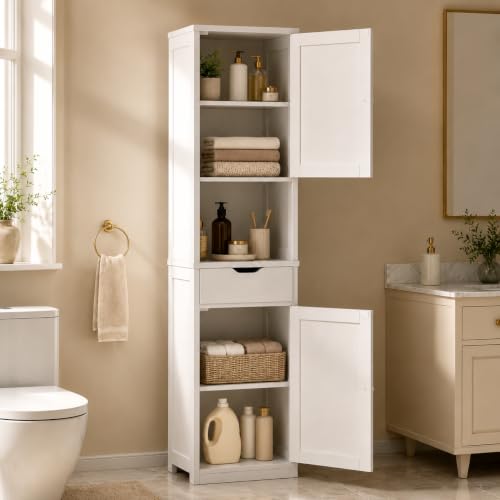 Walsunny Tall Bathroom Storage Cabinet with 6 Adjustable Shelves, White | Anti-Tip Safety, Waterproof MDF, 2 Doors + 1 Drawer, Easy Assembly, for Bathroom/Living Room/Kitchen - color: White, style: 1 drawer