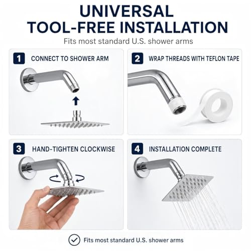 4 Inch Square Shower Head, Fixed Chrome Shower Head Stainless Steel, Rain Shower Head Screw On Easy Install, Wall Mounted Metal Chrome Finish - size: 4 Inch Square