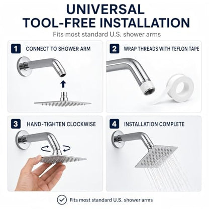 4 Inch Square Shower Head, Fixed Chrome Shower Head Stainless Steel, Rain Shower Head Screw On Easy Install, Wall Mounted Metal Chrome Finish - size: 4 Inch Square