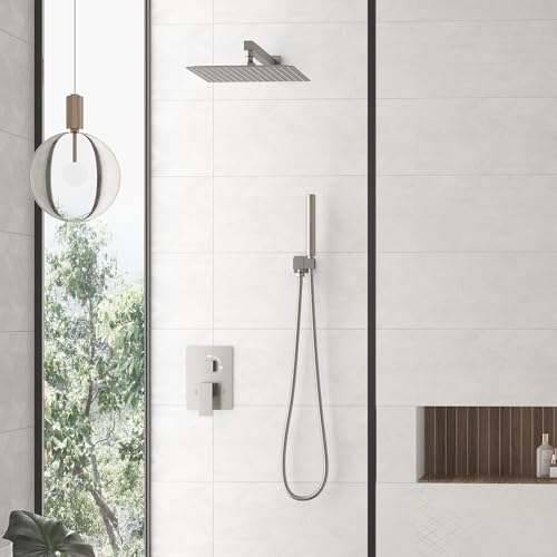 Hoimpro 12'' Shower Head Shower Faucet Set Handheld Sprayer Brushed Nickel | Stainless Steel Rain Shower Head, Rainfall Shower System Fixture Combo, Square, High Pressure Vlave Trim Kit, Wall Mounted - color: Nickel