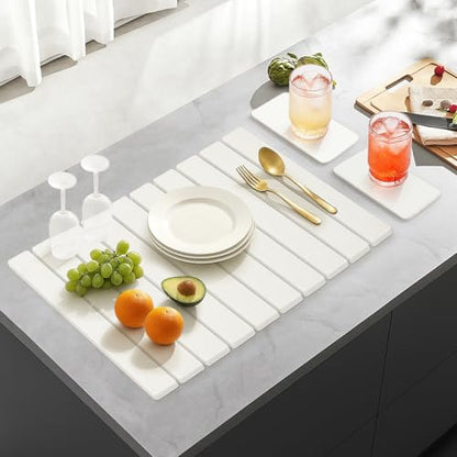 3 Pcs Large Stone Dish Drying Mat Kitchen Sink Counter Diatomite Dish Pad | Diatomaceous Earth Mats for Kitchen Countertop Quick Fast Drying Stone Mat Absorbent Tray Dry Matt Soap Dishes Drainer Mat - color: White