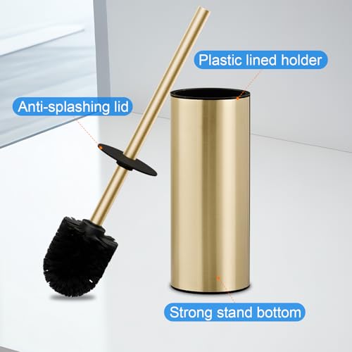 304 Stainless Steel Toilet Bowl Cleaner Brush and Holder Set | Brushed Gold Bathroom Toilet Brush, Floor-Standing Circular Base, Long Handle, Heavy-Duty with 2 Brush Heads YIGUANXIN - color: H-brushed Gold