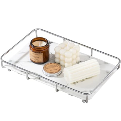 Dobbyby Vanity Tray Makeup Organizer Cosmetics Storage Bathroom Skincare Organizer Countertop Display Rack in Dresser Stainless Steel Shelf Marble Print Ceramic Trays - color: 1 Tier-sliver