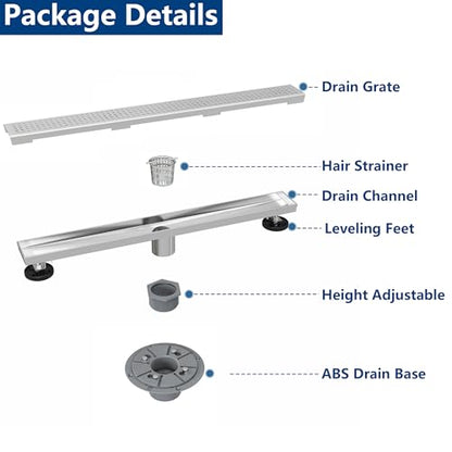Neodrain 18-Inch Brushed Linear Shower Drain with Quadrato Pattern Grate | 304 Stainless Steel Linear Drain,Rectangle Shower Floor Drain with Hair Strainer, shower drain base ,Fits Bathroom, Balcony - color: Brushed, size: 18 In