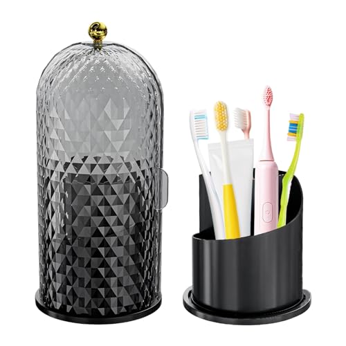 Multifunctional Rotating Toothbrush Holders with Sliding Lid, The 3-Slot Bathroom Countertop Vanity Organizer Perfect for Tooth Brush, Toothpaste, and Makeup Brushes Holder Storage (Black) - color: Black