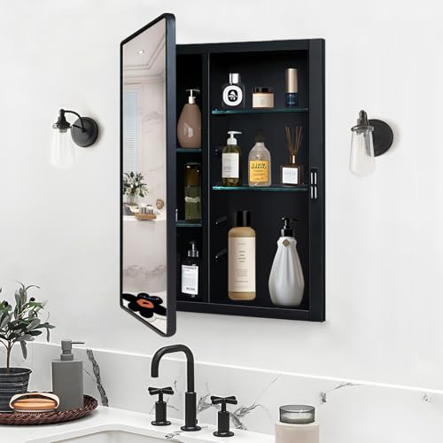 Black Medicine Cabinet 22x28 inch, Bathroom Mirror with Storage, Recessed or Wall Mounted Farmhouse Cabinets, Metal Framed Adjustable Shelves, One Door Open Left or Right - size: 22x28