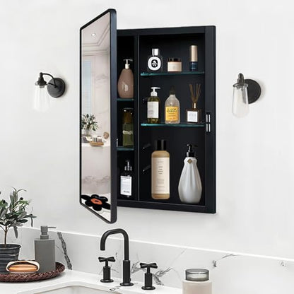Black Medicine Cabinet 22x28 inch, Bathroom Mirror with Storage, Recessed or Wall Mounted Farmhouse Cabinets, Metal Framed Adjustable Shelves, One Door Open Left or Right - size: 22x28