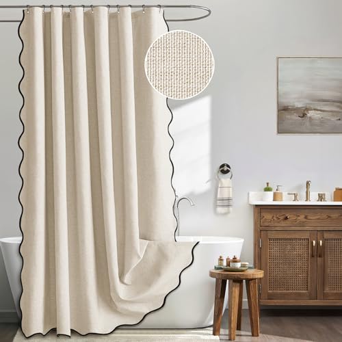 MIULEE Beige Scalloped Shower Curtain Linen Textured with 12 Metal Hooks Cute Heavy Duty Washable Waterproof Neutral Thick Cloth Shower Curtains with Black Border for Bathroom Bathtub,W72*L72 Cream | Linen Textured, Waterproof, Washable, 12 Metal Hooks, H