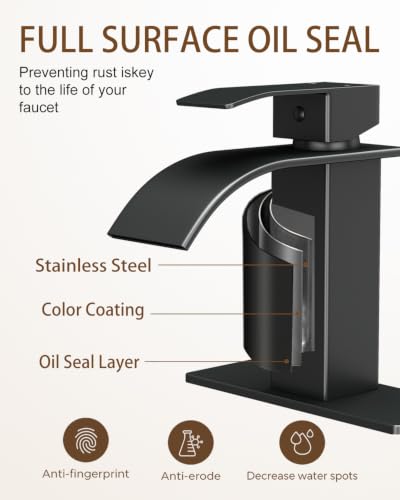Waterfall Single Handle Bathroom Sink Faucet with Drain Black | Matte Black Vanity Faucet with Pop-up Drain, Ceramic Valve, for 1 or 3 Hole Modern Bathrooms. - color: Matte Black