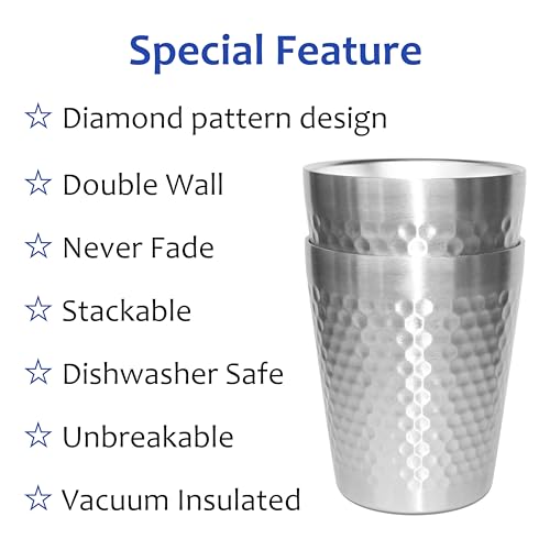 Stainless Steel Cups 4 Packs 10oz/300ml Stackable Double Wall Insulated Metal Shatterproof Cups Titanium-Plated Diamond Textured Surface Heat Resistant Dishwasher Safe (Silver - 4 Packs) - color: Silver - 4 Packs