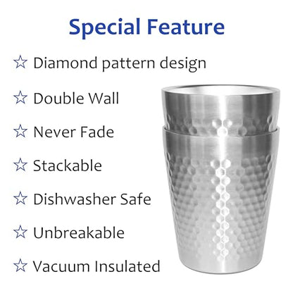 Stainless Steel Cups 4 Packs 10oz/300ml Stackable Double Wall Insulated Metal Shatterproof Cups Titanium-Plated Diamond Textured Surface Heat Resistant Dishwasher Safe (Silver - 4 Packs) - color: Silver - 4 Packs