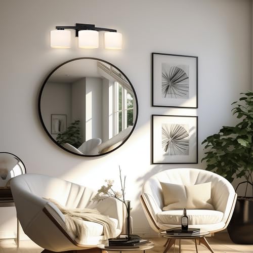 Bathroom Light Fixtures, 3-Light Modern Matte Black Vanity Light Over Mirror, Wall Sconces with Oval-Shaped White Glass Shades for Living Room, Bedroom, Hallway, E26 Base - color: Matte Black