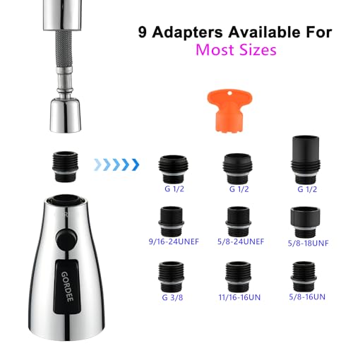 [Upgraded] GORDEE Kitchen Faucet Sprayer Head Replacement, 3-Function(Stream/Spray/Blade) Sprayer Spout Nozzle w/Check Valve, 1.8 GPM, 9 Adapters to Fit Most Standards of Faucets, Polished Chrome - color: N4 New 3-function Polished Chrome