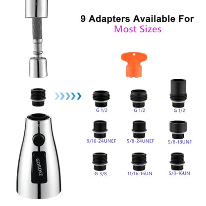 [Upgraded] GORDEE Kitchen Faucet Sprayer Head Replacement, 3-Function(Stream/Spray/Blade) Sprayer Spout Nozzle w/Check Valve, 1.8 GPM, 9 Adapters to Fit Most Standards of Faucets, Polished Chrome - color: N4 New 3-function Polished Chrome