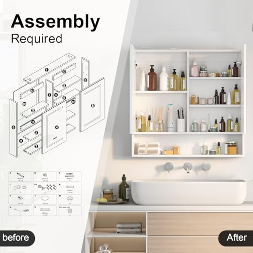 Lighted Medicine Cabinet with 2 Doors,Large Led Medicine Cabinet with Mirror,Anti-Fog, Wall-Mounted Bathroom Mirror with Storage,Brightness Adjustable,31.5" Wx30 H