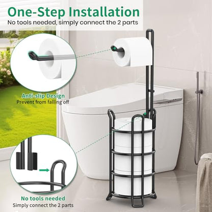 TomCare Toilet Paper Holder Stand Free Standing, Holds 4 Mega Rolls, Black | Tool-Free Assembly, Detachable Metal Wire Frame, Powder-Coated Finish, Easy Storage and Flexible Bathroom Placement - color: Black, size: Standard