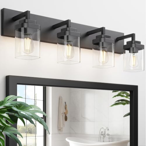 Bathroom Vanity Light, Clear Glass Shade 4 Lights Morden Bathroom Lighting Fixtures Over Mirror, Black Bathroom Light Vanity Fixtures for Bathroom/Living Room/Bedroom - color: Black-Stepped, size: 4 Light