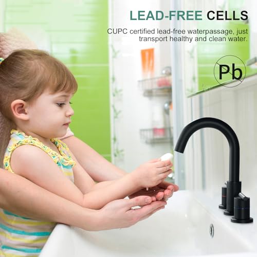 Faustina Black Bathroom Faucets,8 Inch Widespread Bathroom Faucet for Sink 3 Hole,Bathroom Faucet with Pop Up Drain,cUPC Water Supply Line,2-Handles Stainless Steel Vessel Sink Faucet Basin Mixer Tap - color: Black, style: Modern Widespread