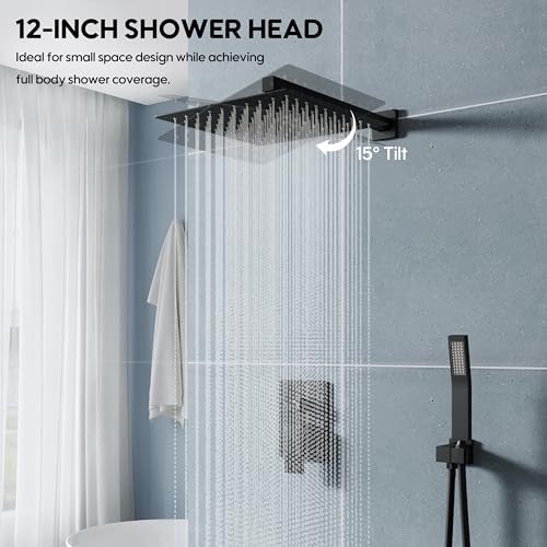 WELLFOR 12-In Wall Mounted Rain Shower Faucet with Single Handle and Handheld Spray, Waterfall Dual Head Shower Head System with 2-way Diverter, Pressure-balanced Valve Included, Matte Black - color: Matte Black, style: Wall Mount 12-Inch